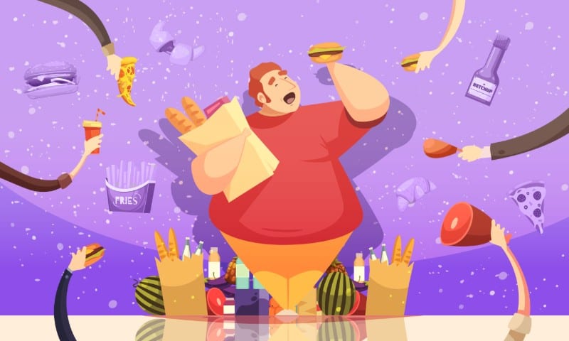 Illustration of obese man eating unhealthy and junk food